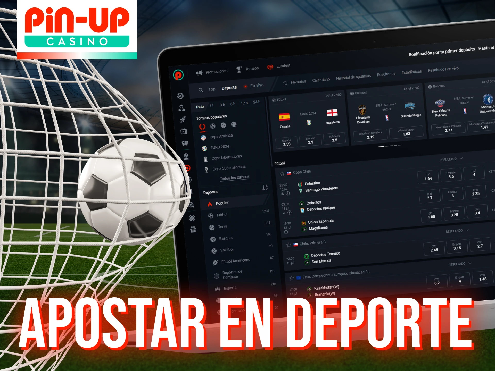 Apuesta en una variedad de deportes en Pin-Up, incluyendo Fútbol, Baloncesto, Tenis y más, con cuotas competitivas, apuestas en vivo y numerosos mercados disponibles para tu comodidad.