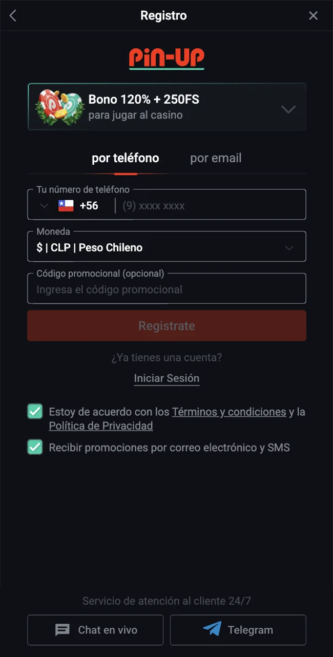 Formulario de inscripción en Pin-Up.