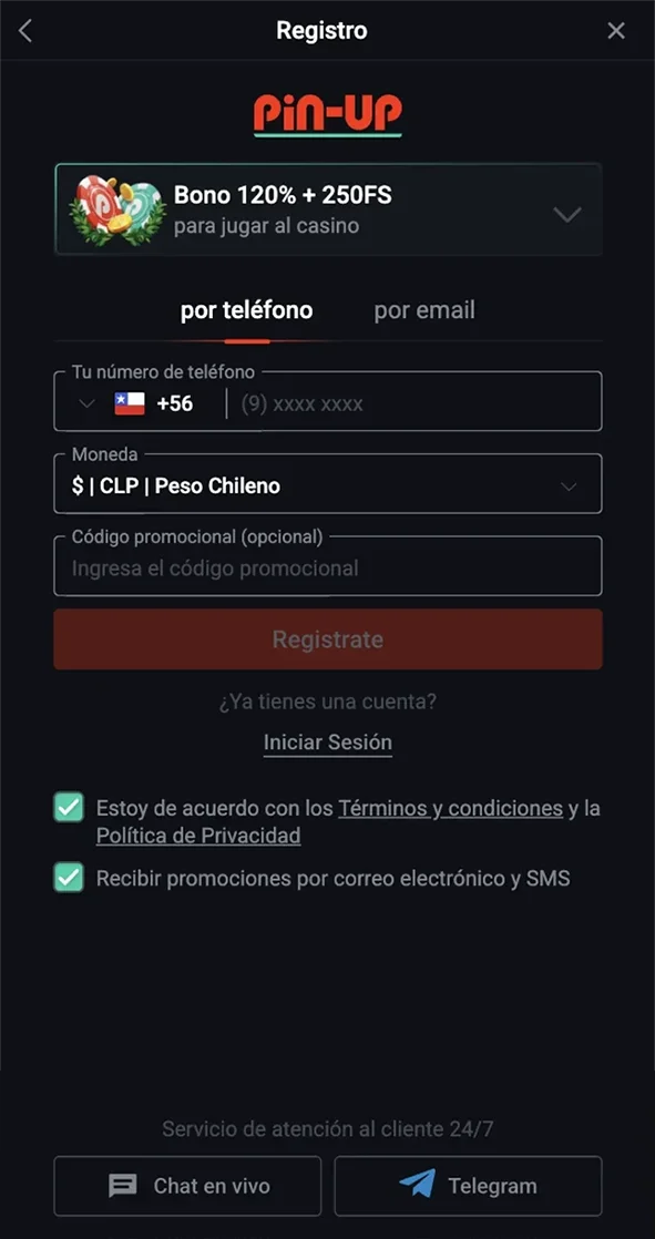 Para empezar a utilizar los bonos de Pin-up Casino completa el proceso de registro.